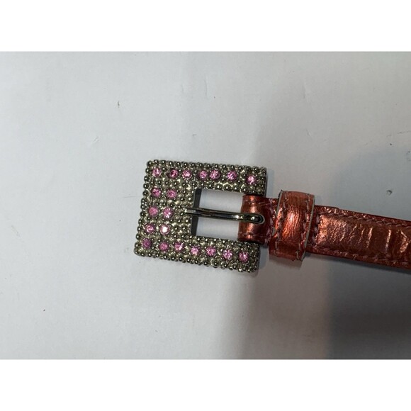 VTG NANNI Italy Metallic Salmon Pink Skinny Leather Belt Crystal Buckle Sz 80/32 main image 7